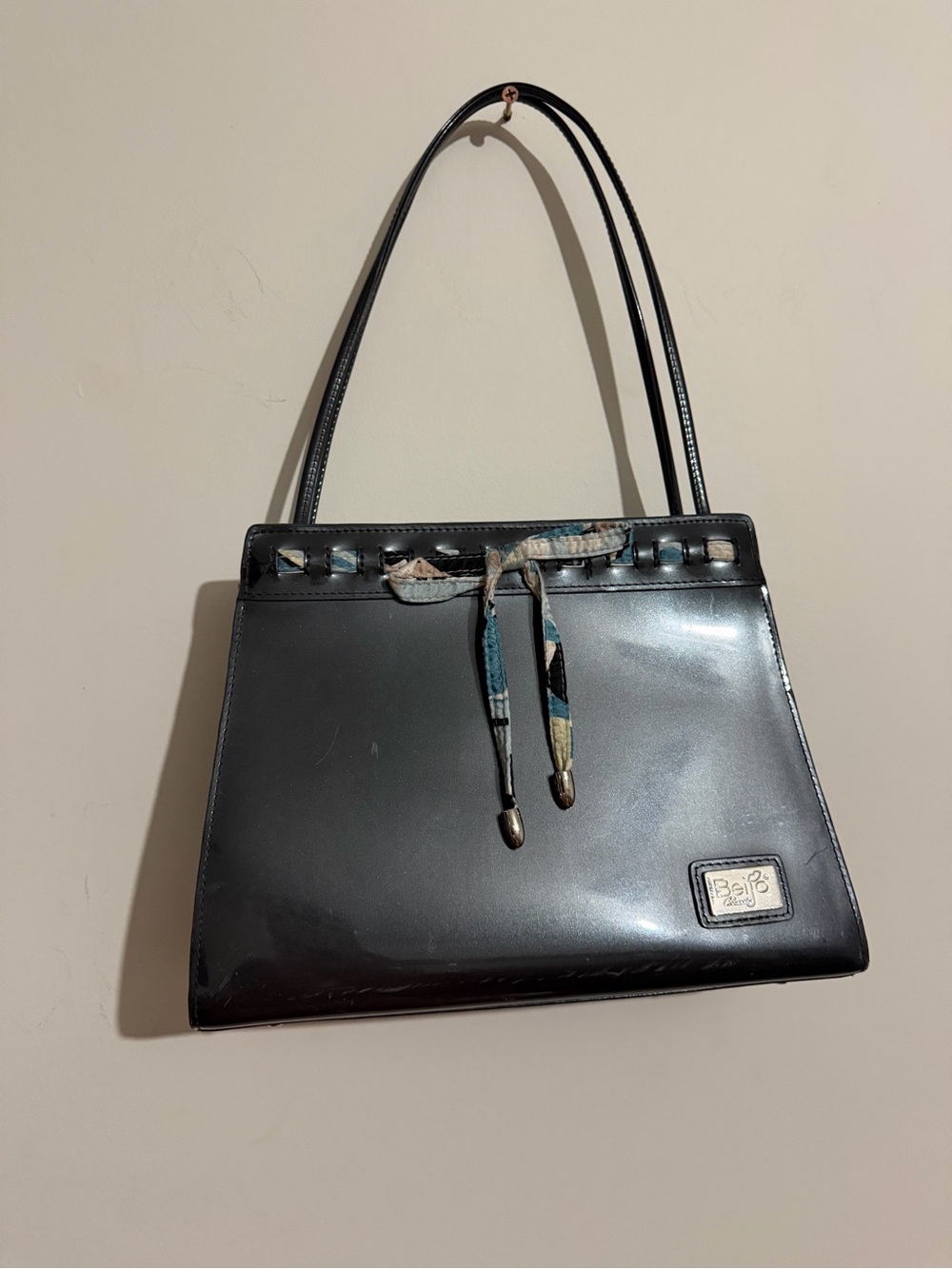 Beijo Black Patent Satchel with Blue-Accented Scarf